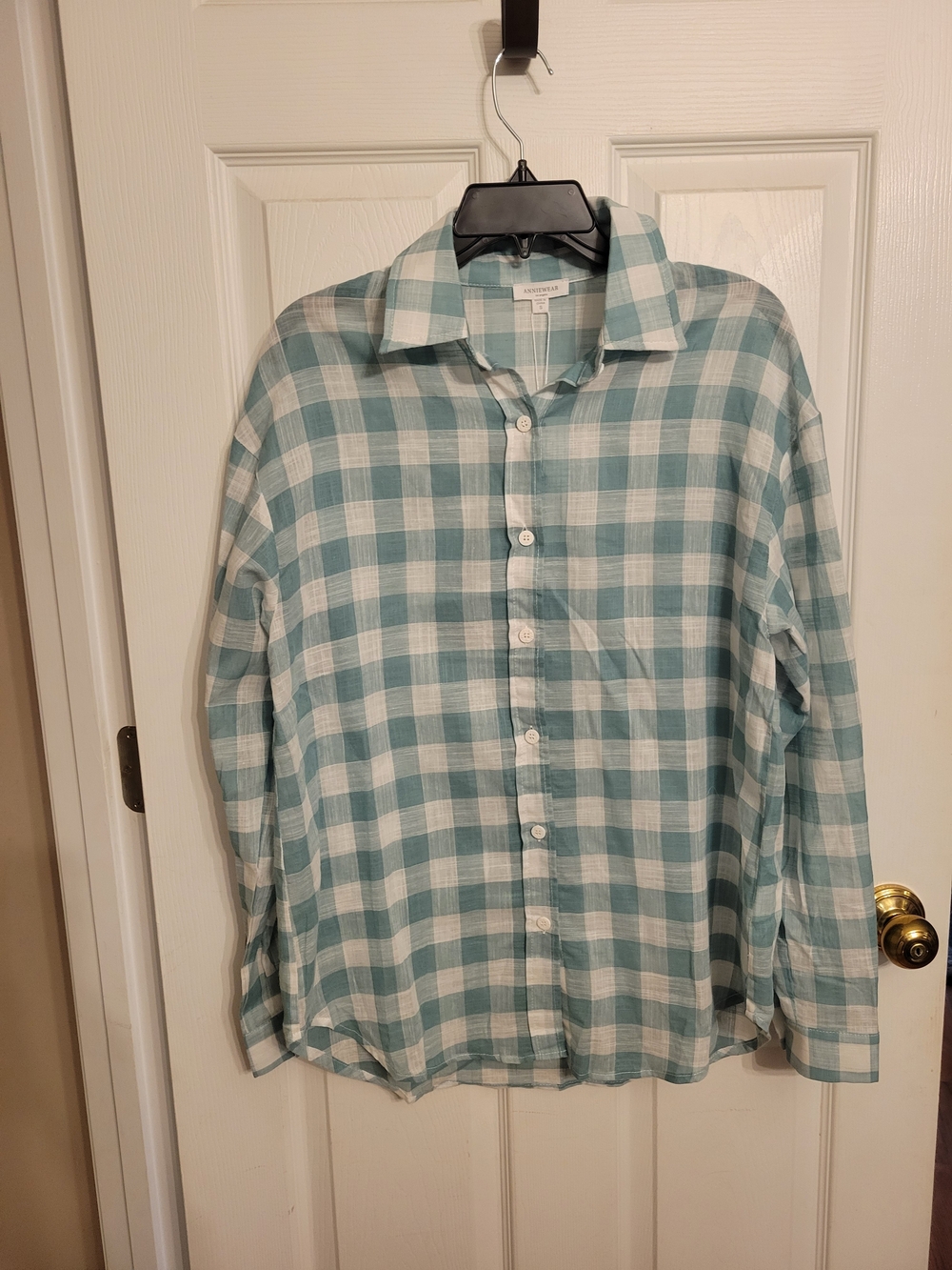 NWT Anniewear Amazing Plaid Button-Down Shirt in Light Teal and White
